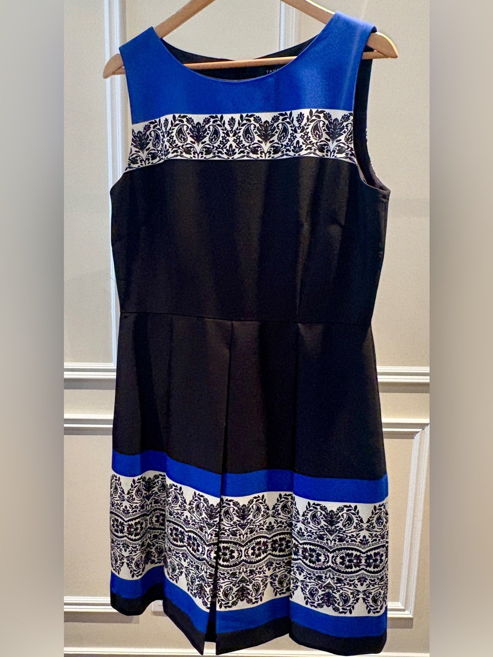 Tahari Black and Cobalt Blue Sleeveless Fit-and-Flare Dress with Printed Bands